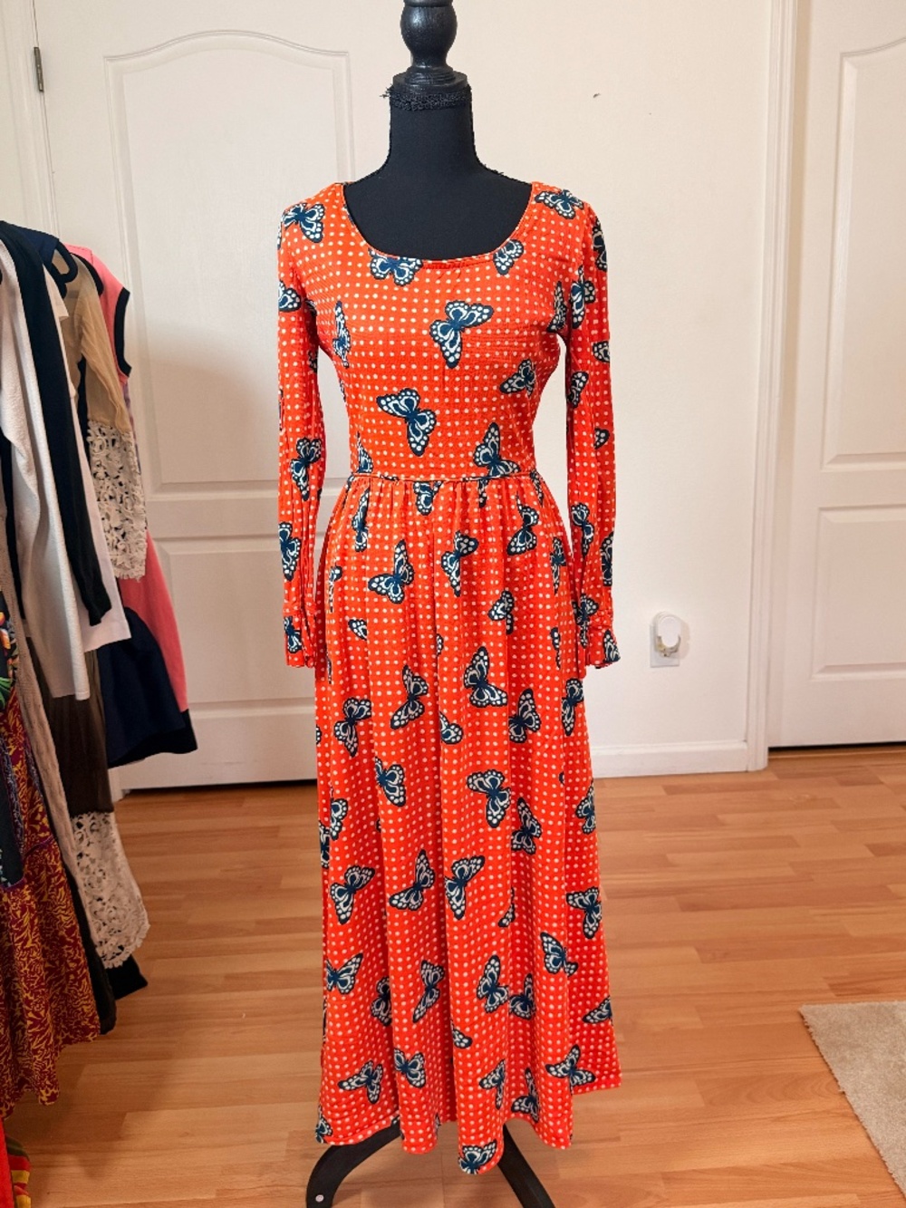 Vintage 70s Leslie Juniors Butterfly Polka Dot Maxi Dress Orange Blue Mod S